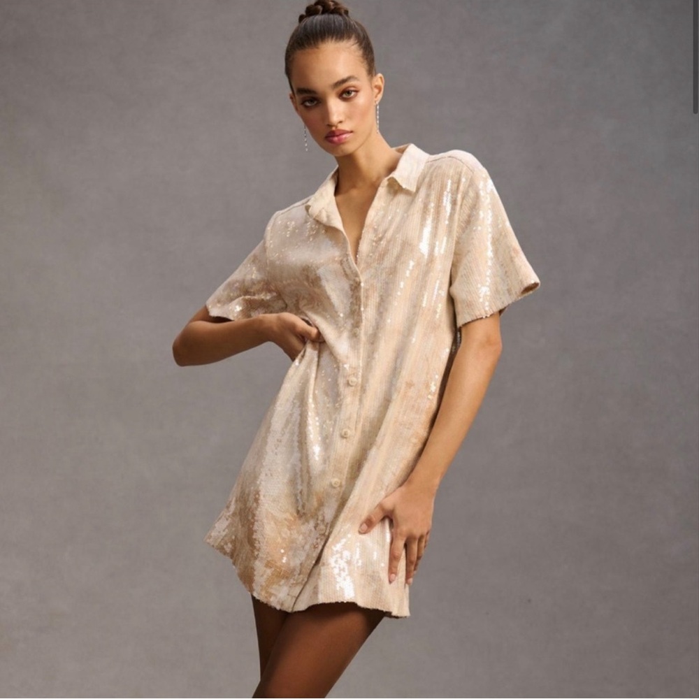 Anthropologie Sequin Shirt Dress in Cream